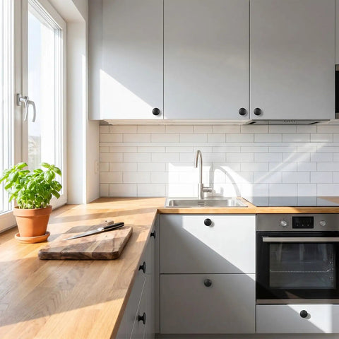 Modern kitchen with Five Pack Self Adhesive Cabinet Knobs No Drill Required Quick Install Black Drawer Handles on cabinets