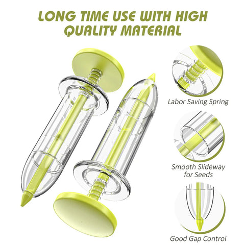 17 Pack Seed Planter Tool Hand Seeder Mini Sowing Seed Dispenser shown with labor-saving spring and gap control features.