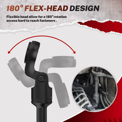 180-degree flex-head design of six piece long flex head crowfoot line wrench set with three eighths inch drive for injector and fuel line applications