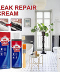 Quick Dry Liquid Waterproof Roof Leak Repair Sealant Featuring Built In Precision Brush For Zero Fuss Single Hand Application With Rapid Cure Formula That Stops Active Leaks Cold showcased in a modern bathroom setting with before and after images.