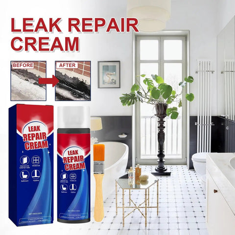 Quick Dry Liquid Waterproof Roof Leak Repair Sealant Featuring Built In Precision Brush For Zero Fuss Single Hand Application With Rapid Cure Formula That Stops Active Leaks Cold showcased in a modern bathroom setting with before and after images.