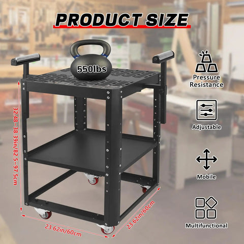 Heavy Duty Steel Power Tool Stand With Smooth Rolling Wheels And Height Adjustable Setup Handles Up To Five Hundred Fifty Pounds on display.