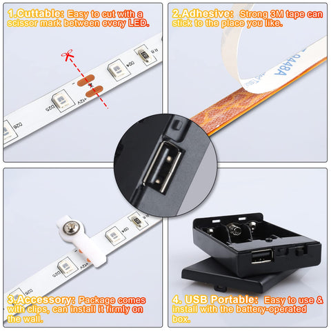 Crazy Bright 16.4 Ft Daylight 6000K LED Strip Light with USB Plug and Battery Box features cutting, adhesive, clips, and portability details.