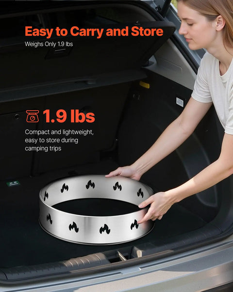 Person placing Stainless Steel Fire Pit Stand For Solo Stove Bonfire 19.5 Inch Ring Compatible Smokeless Fire Pit Frame in car trunk.