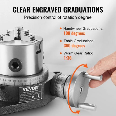 VEVOR rotary table for milling machines, 4 in / 100 mm, front view with 3-jaw chuck.