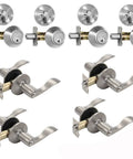 Heritage Front Door Lever Lockset And Deadbolt Combo, Satin Nickel Finish, Keyed Alike 4 Pack, shown with lock parts.