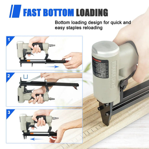 Pneumatic Continuous Firing Upholstery Stapler 22 Gauge 71 Series Crown Staple Gun with bottom loading design for easy reloading