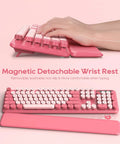 Hot Pink Typewriter Style Wireless Keyboard And Mouse Combo With Round Keycaps, Retro Candy Color, Full Size Ergonomic Set, Magnetic Wrist Rest, Tilt Legs, 2.4GHz Cordless For Mac Windows PC Laptop, Perfect Cute Desk Accessory shown with detachable wrist rest