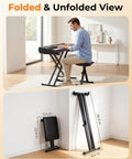 Rock Solid Keyboard Stand And Bench Set And Double X Piano Stand in use and folded view, adjustable height, steel frame