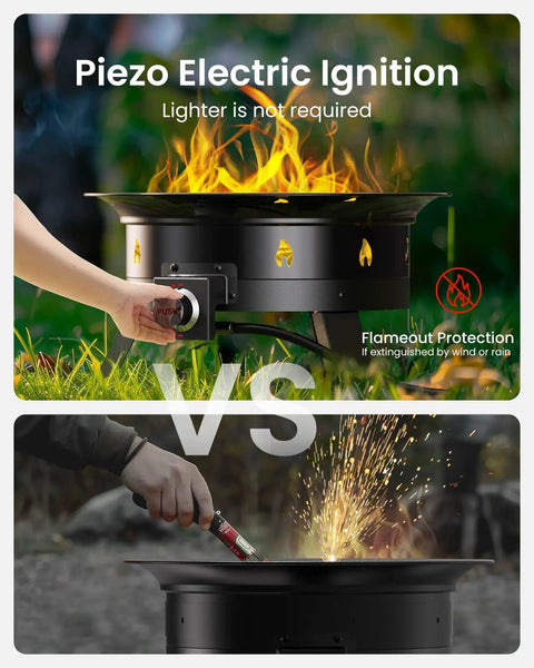 58,000 BTU Portable Propane Fire Pit With Grill Grate Folding Legs Tank Holder Hose Hooks Cover And Carry Strap 19 Inch Cast Iron Grate Camping Ready Backyard Blaze Pit For Patio Or Campouts, showing piezo ignition and flameout protection with lit fire.