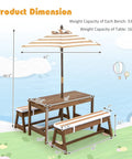 Kid Approved Outdoor Picnic Table Set With Cushioned Benches, Adjustable Height Table, Built In Umbrella, Wood, Coffee Finish