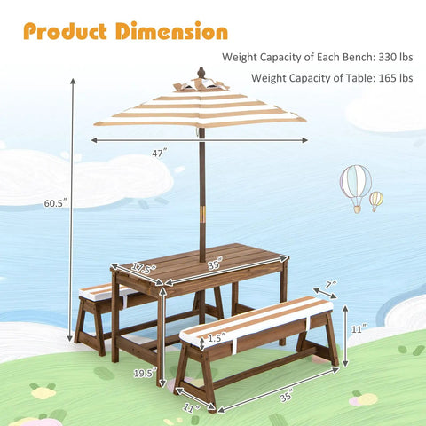 Kid Approved Outdoor Picnic Table Set With Cushioned Benches, Adjustable Height Table, Built In Umbrella, Wood, Coffee Finish