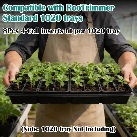 Person holding 40 Pack Reusable 4 Cell Seed Starter Trays for Seedlings with Drainage Holes in greenhouse