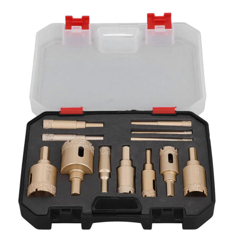 Premium 12 Piece Hole Saw Kit Built Tough For Drilling Glass Ceramic And Stone With Heavy Duty Brazing Technology For Precise Cuts From 6 To 35mm Diameter In Any DIY Project. Open case with 12 diamond hole saw bits