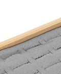 Close-up of a Two Piece Stackable Ring Tray featuring slick grey velvet liners and solid wood boards.