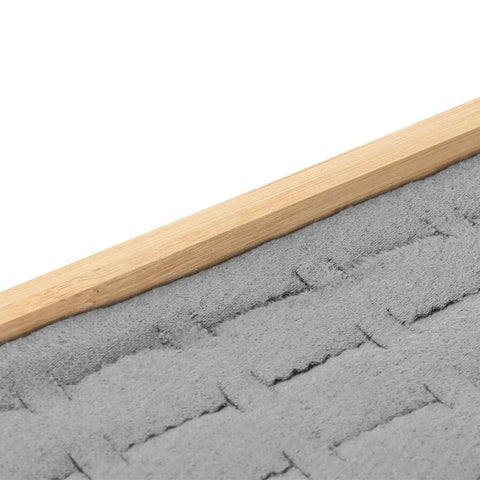 Close-up of a Two Piece Stackable Ring Tray featuring slick grey velvet liners and solid wood boards.