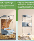 No Fuss Bird Feeder And Water Dispenser Set Packed With Automatic Clear Food Jar And Twelve Oz Drip Free Hydration Cup For Feathered Crew Like Parrots Canaries Lovebirds Budgies In Cool Blue Hanging Style showing splash-proof design and large capacity water bottle.