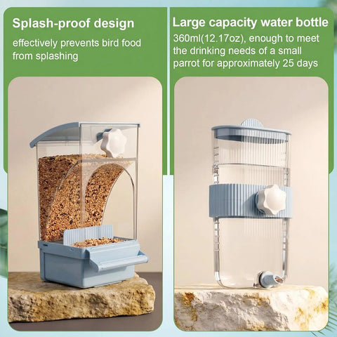 No Fuss Bird Feeder And Water Dispenser Set Packed With Automatic Clear Food Jar And Twelve Oz Drip Free Hydration Cup For Feathered Crew Like Parrots Canaries Lovebirds Budgies In Cool Blue Hanging Style showing splash-proof design and large capacity water bottle.