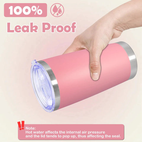 20 Ounce Stainless Steel Tumbler With Secure Lid Pink Insulated Coffee Cup being held, showcasing leak-proof design and pink color.