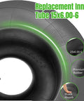 Premium 15x6.00-6 Inner Tubes With TR-13 Straight Valve Stem 2 Pack For Lawn Mowers Wheelbarrows And Utility Trailers No Sweat Replacement With Top Grade Natural Rubber For A Sweet Dependable Ride Everyday, close-up of inner tube showing valve stem.