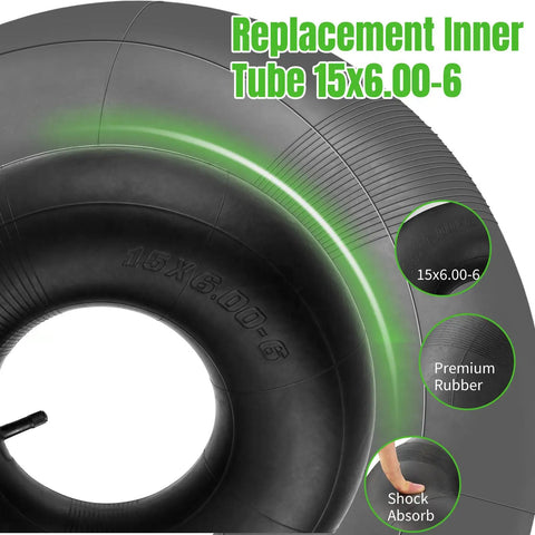 Premium 15x6.00-6 Inner Tubes With TR-13 Straight Valve Stem 2 Pack For Lawn Mowers Wheelbarrows And Utility Trailers No Sweat Replacement With Top Grade Natural Rubber For A Sweet Dependable Ride Everyday, close-up of inner tube showing valve stem.