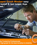 Copper crush washer visible at bottom right; mechanic under car hood using a ratchet and socket.