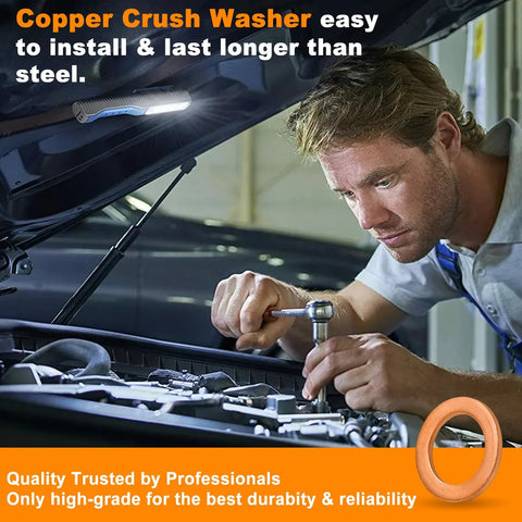 Copper crush washer visible at bottom right; mechanic under car hood using a ratchet and socket.