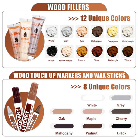 Hella Effective 41 Piece Wood Furniture Repair Kit And Laminate Floor Scratch Fix Set featuring 12 wood fillers in various colors.