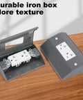 Under Cabinet Hidden Outlet Box With Slim Stainless Steel Build And Powder Coat Finish A Hassle Free Space Saving Electrical Solution For Kitchen Garage Or Workshop Low Profile And Rust Resistant Easy Install Under Counter Power Outlet on wooden surface.