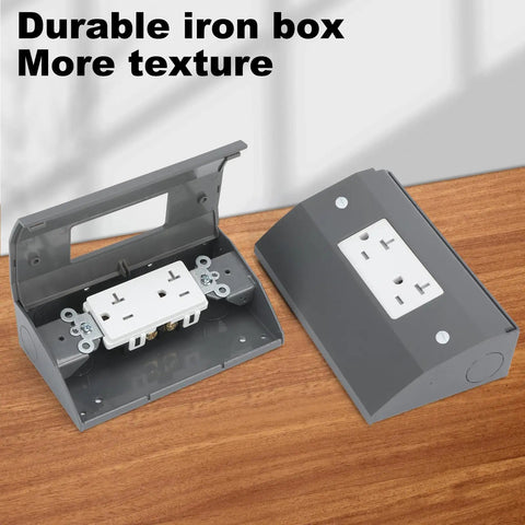 Under Cabinet Hidden Outlet Box With Slim Stainless Steel Build And Powder Coat Finish A Hassle Free Space Saving Electrical Solution For Kitchen Garage Or Workshop Low Profile And Rust Resistant Easy Install Under Counter Power Outlet on wooden surface.