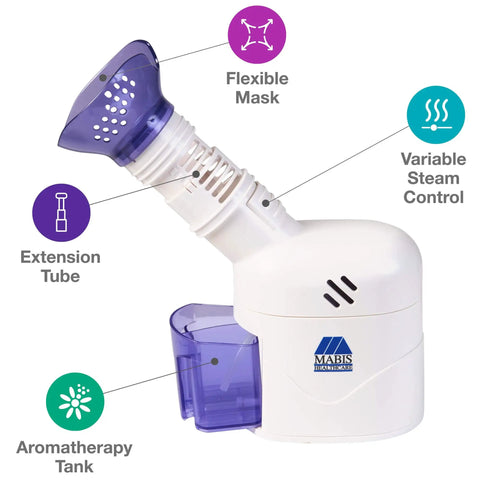 Home Spa Facial Steamer With Aromatherapy Diffuser And Soft Face Mask showing adjustable steam control and flexible mask