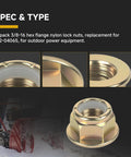 Two Pack 3/8 16 Hex Flange Nylon Lock Nuts Replacement For 712 04065 with detailed close-up views for outdoor power equipment.