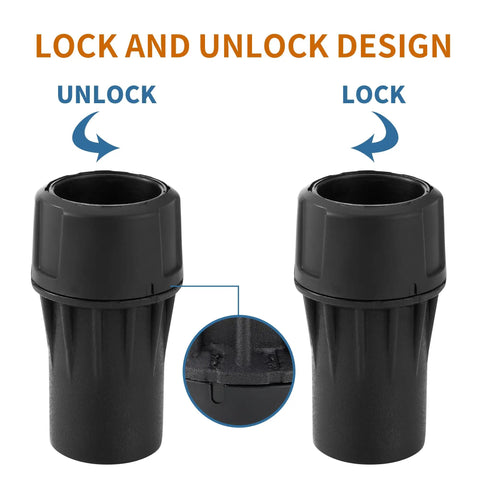 Top Shelf Universal Quick Connect Adapter for DeWalt Dust Extractors showing lock and unlock design, black ABS material.