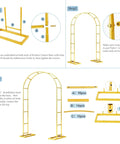 Beefy 7 Point 2 Foot By 4 Point 3 Foot Balloon Arch Stand assembly diagram showing metal tubes and connectors in gold.