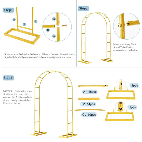Beefy 7 Point 2 Foot By 4 Point 3 Foot Balloon Arch Stand assembly diagram showing metal tubes and connectors in gold.