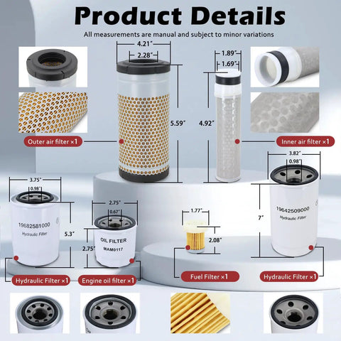 Mahindra 1626 HST L3 Tractor Filter Kit with labeled engine, air, hydraulic, and fuel filters on display platform