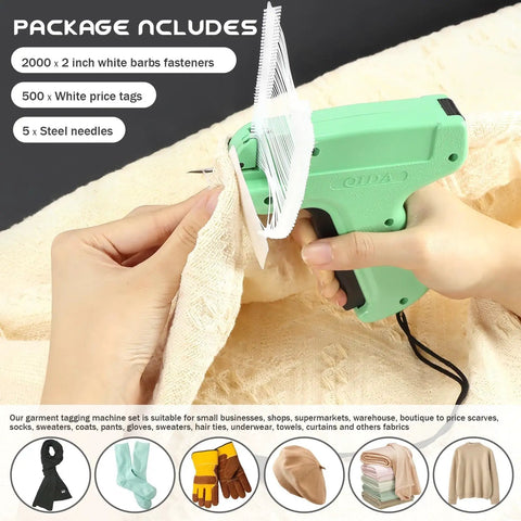 Using 2506 Piece Clothing Tag Gun Kit with 6 Steel Needles, 2000 White Barbs, and 500 Labels for Retail Pro tagging on fabric