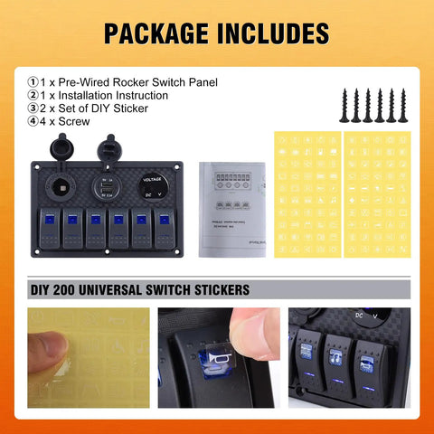 Waterproof 6 Gang Rocker Switch Panel For Boats And RVs With 12V/24V Power and accessories included in package