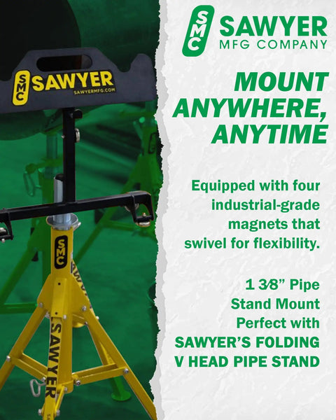 Sawyer MFG Company V head pipe stand with four industrial-grade swivel magnets, suitable for quick mounting in workshops.