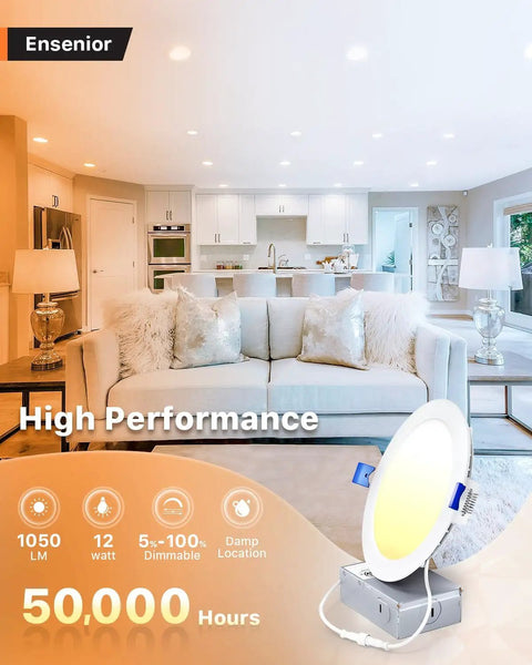 Living room with 4 Pack 6 Inch LED Recessed Light Set Dimmable 3CCT Tunable 3000K-5000K, 1200LM High Brightness, 12W 120V