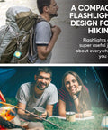 Backpacker with Go-To Mini COB Flashlight Keychain 1000 Lumens Attached to Backpack and Couple by Campfire with Portable LED Light