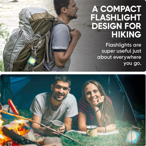 Backpacker with Go-To Mini COB Flashlight Keychain 1000 Lumens Attached to Backpack and Couple by Campfire with Portable LED Light