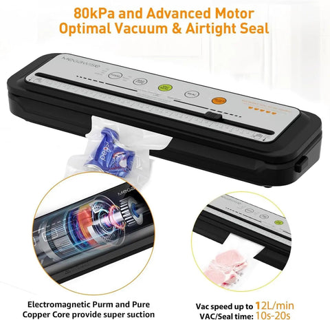 Heavy Duty Auto Vacuum Food Sealer Machine With 80Kpa Strong Suction And One Touch Operation, Includes Built In Cutter