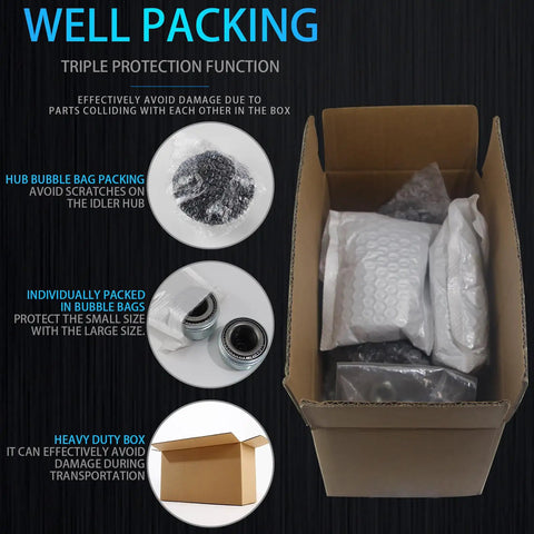 Trailer Hub Kit 5 On 4.5 Inch 2000 Lb Axle shown in protective packaging with bubble wrap and heavy-duty box demonstration