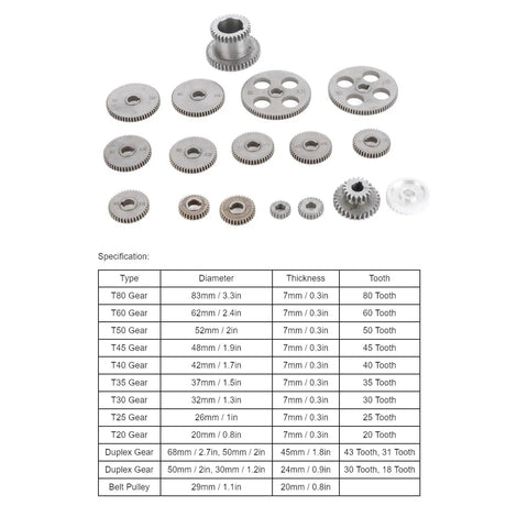 18 Piece Lathe Gear Kit For Mini Lathe With Duplex Gears And Motor Belt Pulley shown with specifications and varied gear sizes