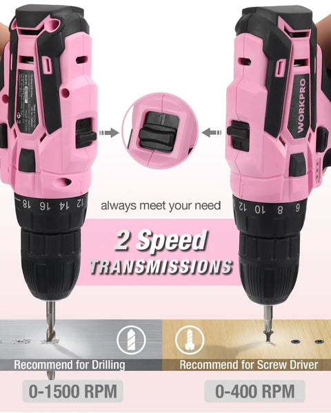 Close-up of Pink 12V Cordless Drill Driver Kit With 3/8 Inch Keyless Chuck Includes Charger And Storage Bag Lightweight Electric Screwdriver