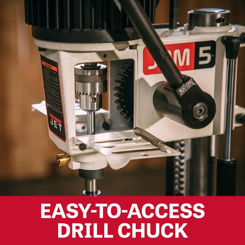Benchtop Mortiser With One Half Inch Chisel And Four And Three Quarters Inch Stroke For Woodworking, 115 Volt Single Phase, One Half HP Motor, Reversible Column For Large Stock, Multi Position Mortising Handle, Quick Depth Stop, Model JBM-5