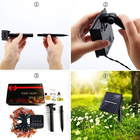 Bee String Lights 2 Pack, 17 Ft Each, 60 LED Copper Wire Fairy Lights, and solar panel setup displayed in four images