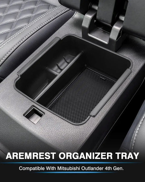 Outlander Center Console Organizer Tray for 2022 2023 2024 Mitsubishi, black armrest storage box with non-slip silicone liner