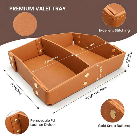 EDC Valet Tray Organizer in Saddle Tan with PU Leather Removable Divider and dimensions